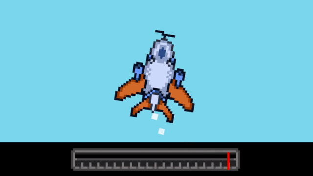 An animated gif capturing the gameplay. Its overall look consists of pixel art and vibrant ambience. It shows an airplane viewed from above, on the sky. Particles are emitted from the tail of the plane, indicating it is moving. A strip at the bottom represents the available and selected radio frequency. The airplane suddenly morphs into an helicopter.