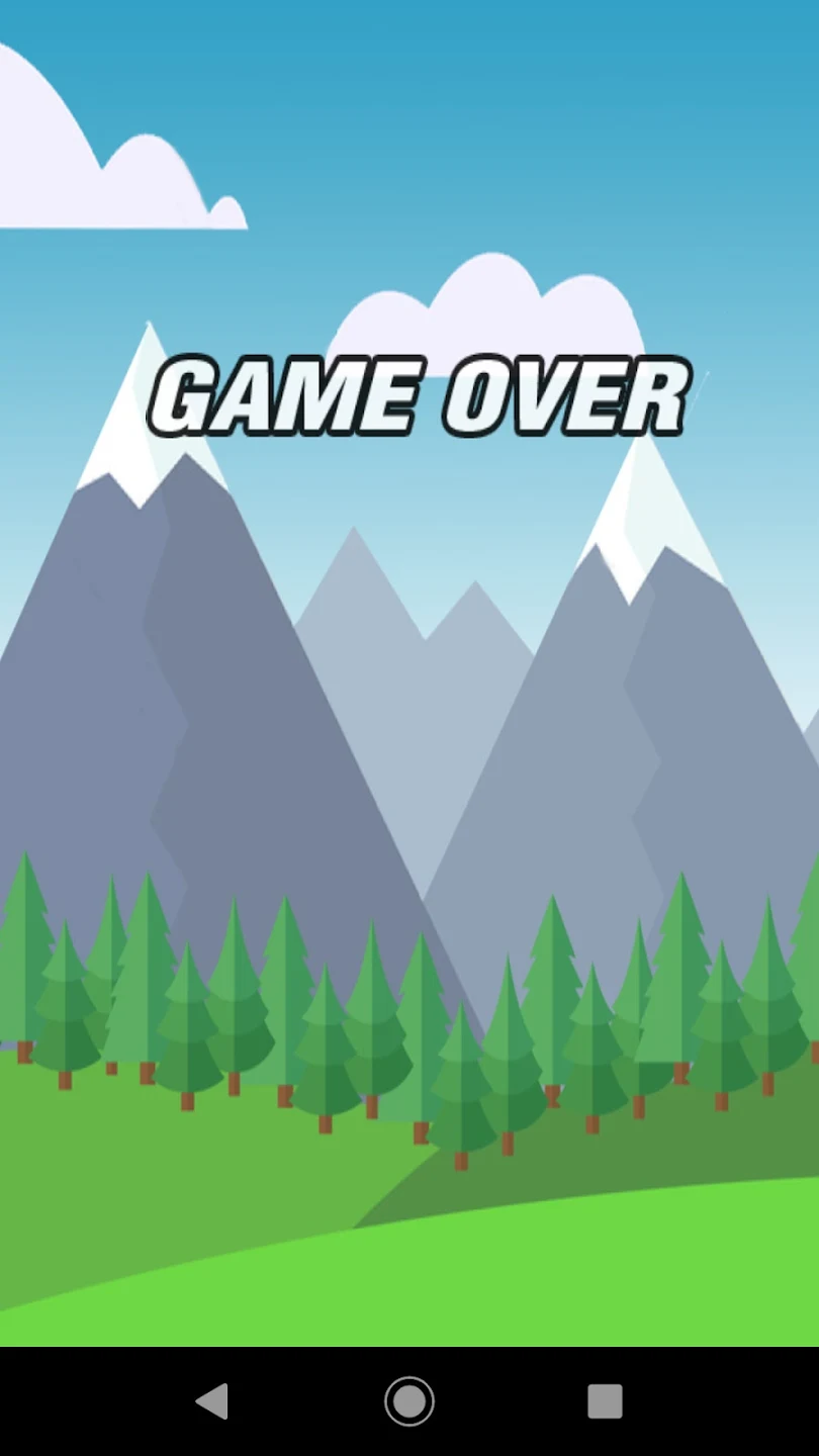 A screenshot showing an illustration of a landscape with mountains, trees, and clouds. There is message saying Game Over.
