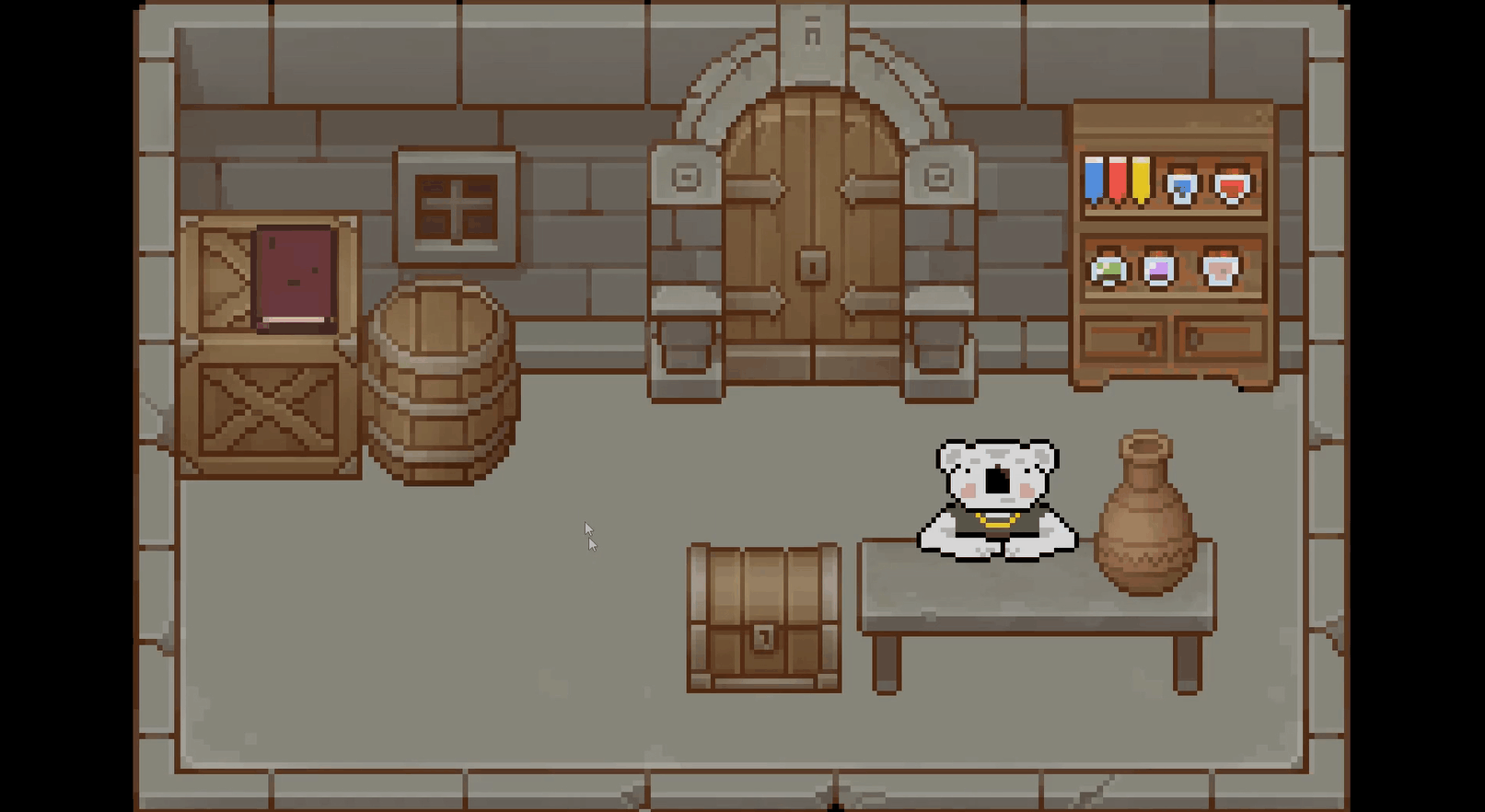 An animated gif capturing the gameplay. Its overall look consists of pixel art and vibrant colors. At first, it shows the inside of a shop with a cartoony adult koala at the counter. Then, the player enters a dungeon and starts controlling a little koala with a bow. It enters a door to a new room and an enemy approaches.