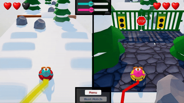 An animated gif capturing the gameplay. Two penguins (split-screen) are moving forward and avoiding (for the most part) the obstacles, which include trees, rocks, trunks, and the timed gate. The User Interface shows the health points each player has and their positions along the track.