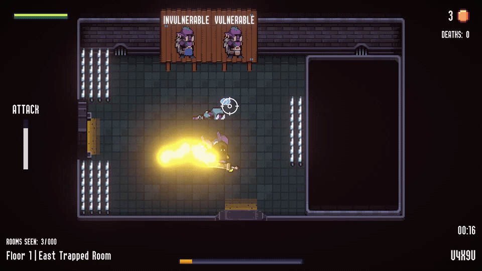 An animated GIF showing gameplay in a dungeon. A character fights enemies with an axe while exploring, then reaches the final room with an altar, where they must select the correct symbol based on their partner’s guidance.