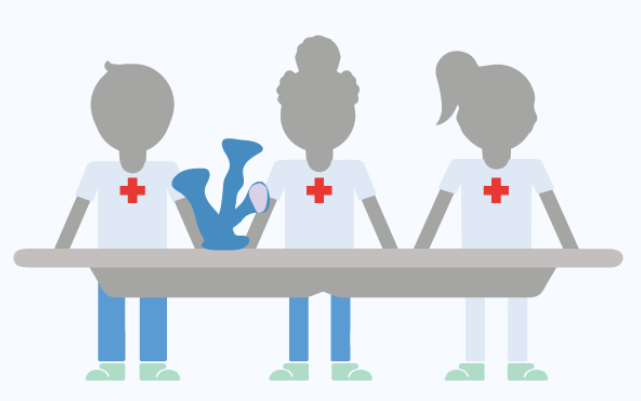 minimalist illustration of three children behind a table. On top of the table is the blue tree robot. The children are dressed like doctors, with a red cross on their t-shirts.