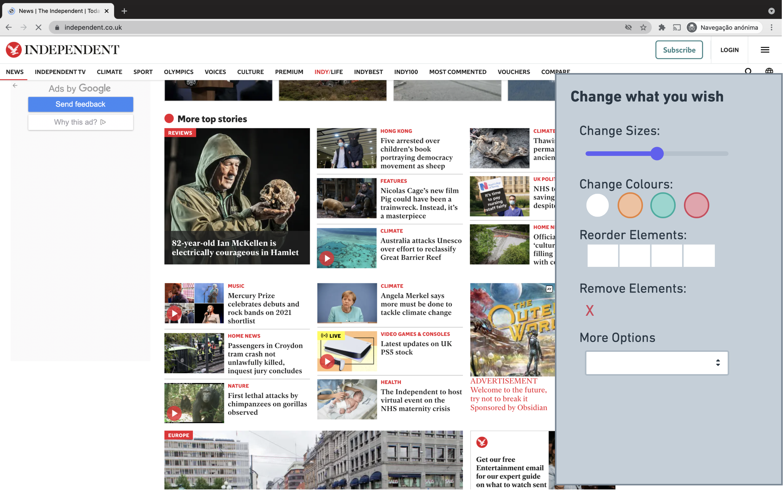 A browser with the independent newspaper page open. On the right side a window where we can read: change what you wish. It has the options change sizes, change colours, order elements, remove elements and more options.
