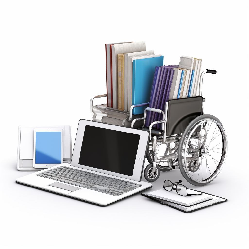 A work station with a tablet with a keyboard, a smartphone, a notebook and a pair of glasses, in front of a series of book in top of a wheelchair