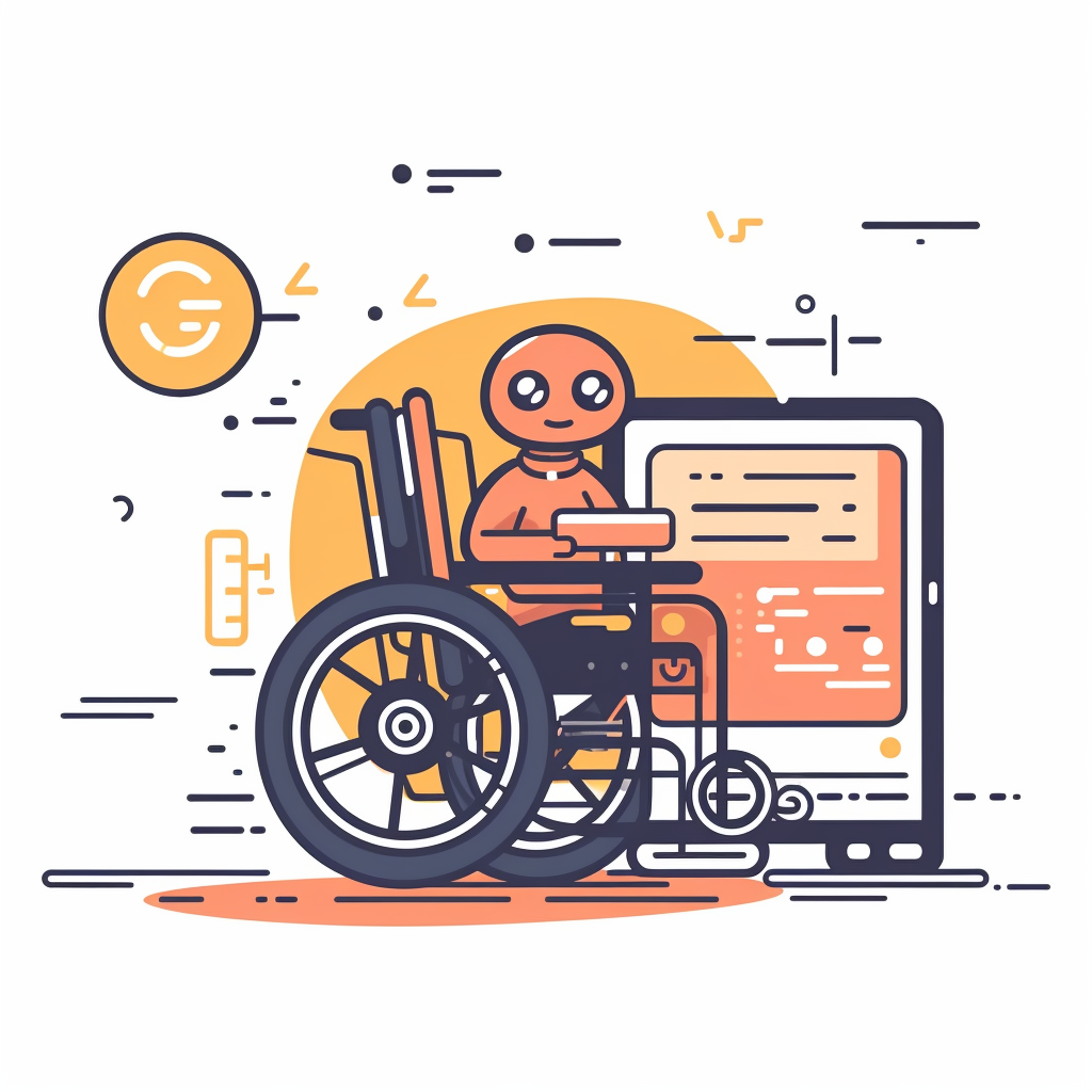 Cute robot in a wheelchair pointing to an extract of code in an electronic device