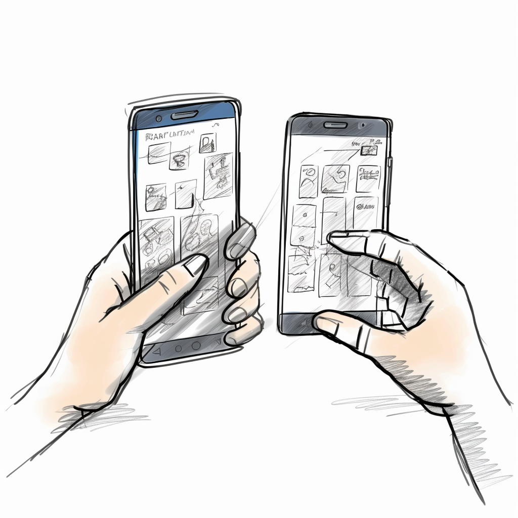 Sketch of two hands holding each one a smartphone