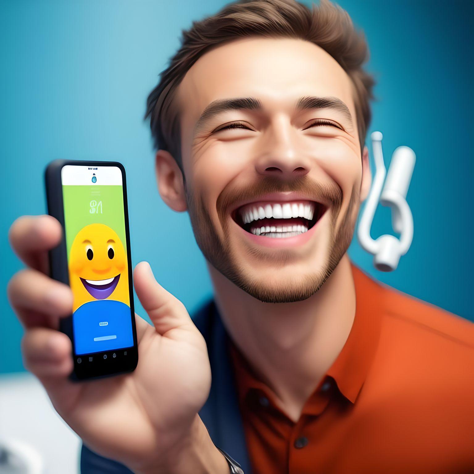 A smiling man side by side with a hand holding a smartphone, displaying an app with a smiling emoji