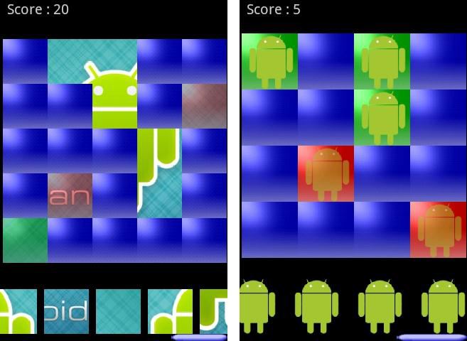 Two digital puzzles side by side; one is a visual version of the Android logo, the other is a audio puzzle with several pieces already in the right order and some in the incorrect ones
