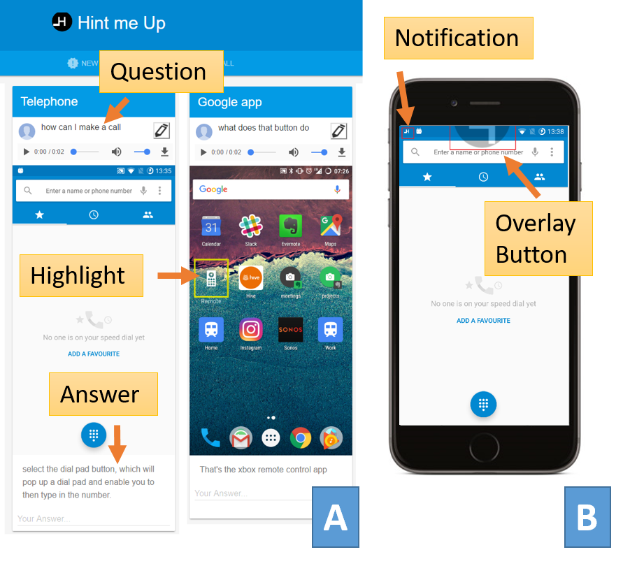 -A) Volunteer web app. It shows two answered questions, one with a specific element of the interface highlighted. B) Hint Me! with the always available button on the top of the screen, and a notification showing the user he received an answer.
