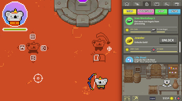 A montage of two screenshots, one from the desktop version and the other from the mobile version. In the desktop version, you can see the player character in a room with 2D top-down visuals and the controls imprinted on the room's floor. In the mobile version, you can see the unlocks tab of the shop, with multiple unlocks appearing and a visualization of the shop on the bottom part of the screen.