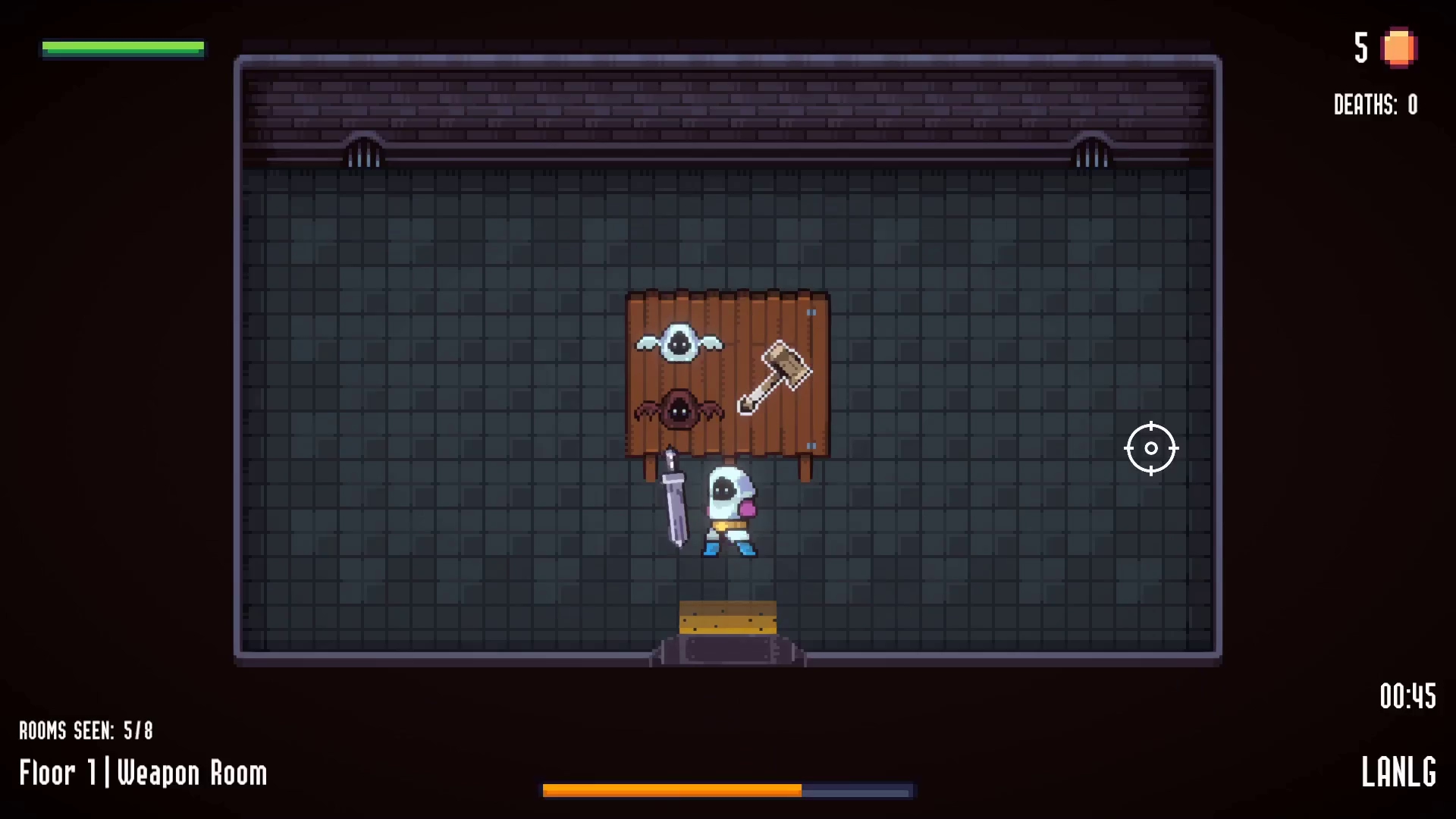 The image shows a gameplay screenshot from the developed game. It displays the game's HUD and the player avatar with a melee weapon inside a rectangular dungeon room with doors. In this image, the player is in the information room of the Weapon Challenge, reading an informational sign that features three symbols: two representing the different players and one corresponding to a hammer.