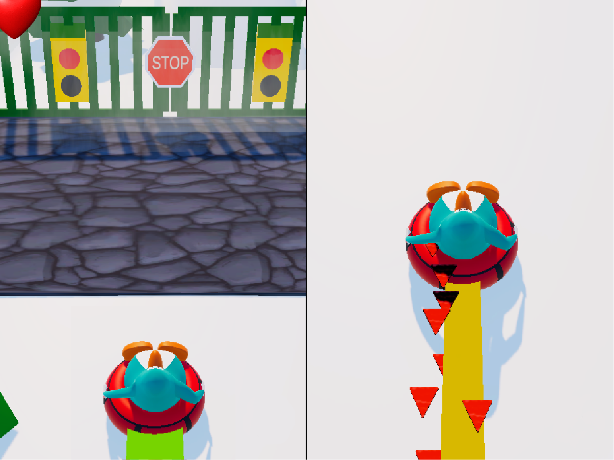 The image shows two panels - each of them consists of a screenshot taken from the game, demonstranting one of the mechanics. In both of them, there is a blue penguin on a red floater centered on a white snowy track, facing forward. The trail behind the floater indicates it is moving forward. The left panel shows the timed gate - a gate appears blocking the entire track, with a cobbled floor in that area and a traffic light. The right panel shows the activation of the forced handbrake - red particles appear behind the floater.