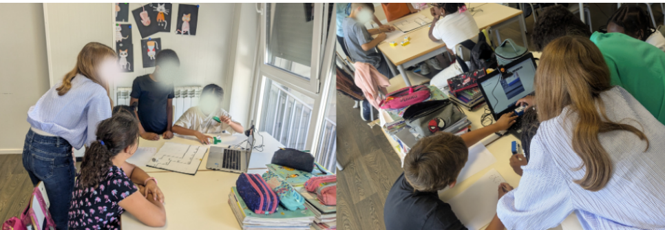 Two side-by-side photos showing a teacher leaning over a desk to facilitate an inclusive programming activity with a group of diverse students using a laptop, tangible blocks, and paper-based materials in a bright classroom.