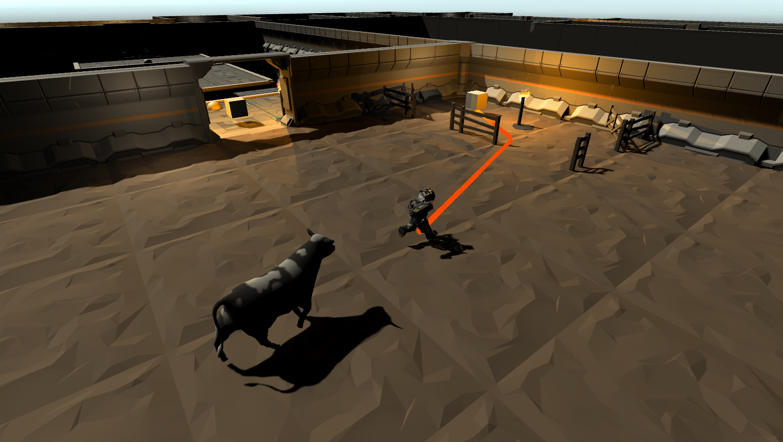 Three of the different accessibility features available during the user study of the Virtual Environment. The first navigational task demonstrates that the avatar has to reach an objective, a cube. On the fourth task, players have to overcome the fence that is blocking their path, with two torches identifying the objective's directions and the length of the door to the next room. And on the sixth task, they can request directions to the objective, which can be done visually by following an orange line.
