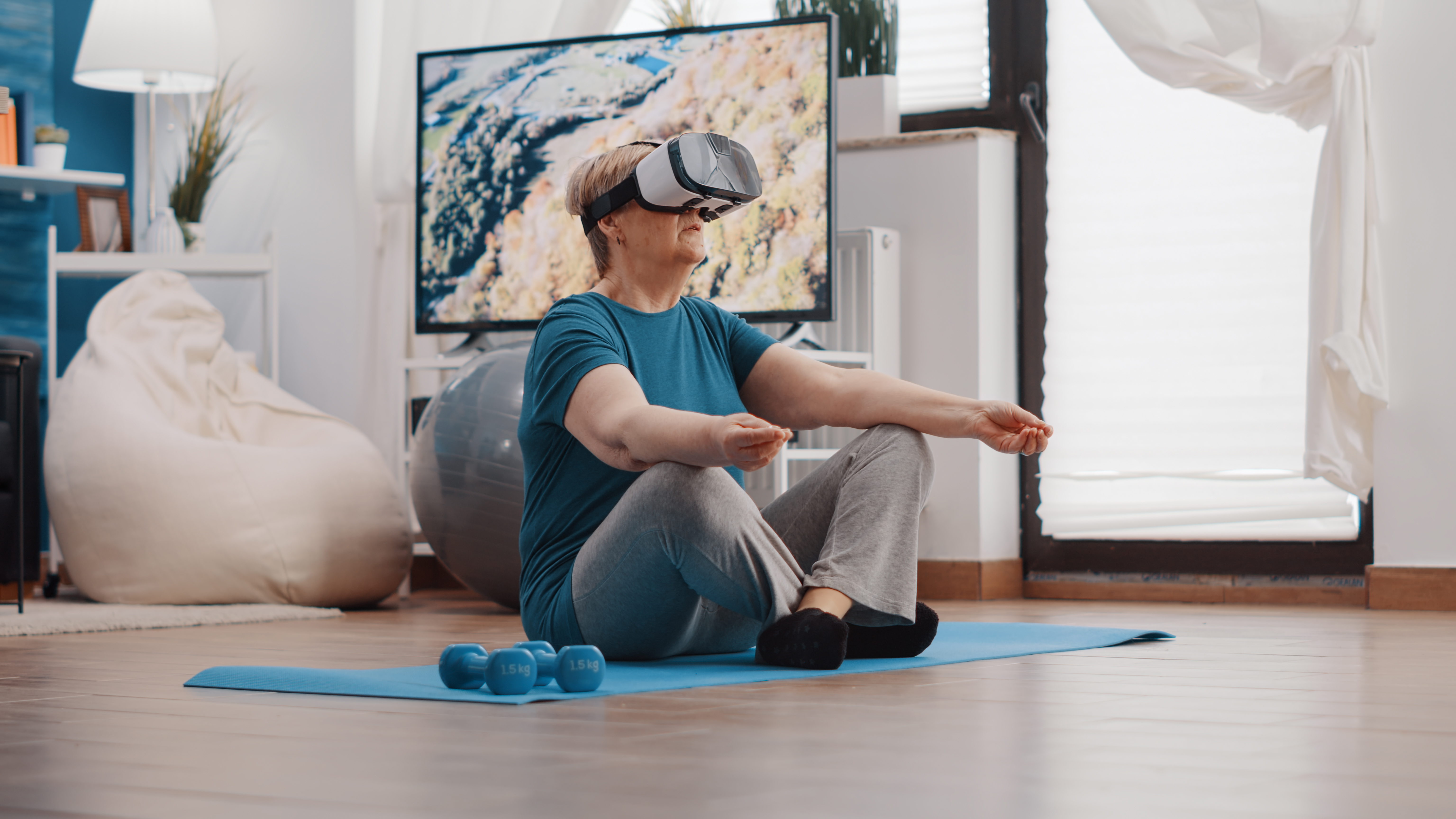 A person meditating with a VR headset