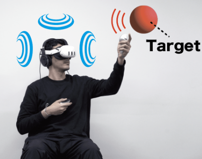 One user wearing the Head-Mounted Display, with a target, and with icons showing spatialized sound. The user is moving the hand toward the target.