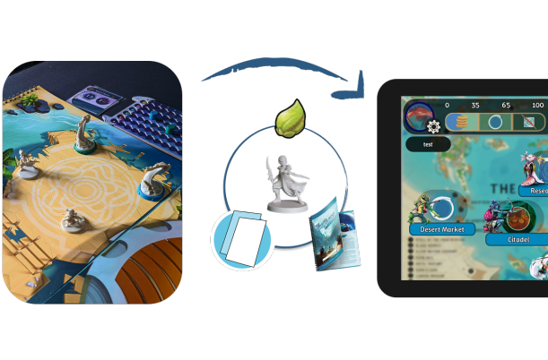 It shows a picture of the board game Tidal Blades 2 and a digital app that extends the game. Between them, there's an arrow that shows the elements that transition from the board game to the digital app, including resources, the characters, and the cards.