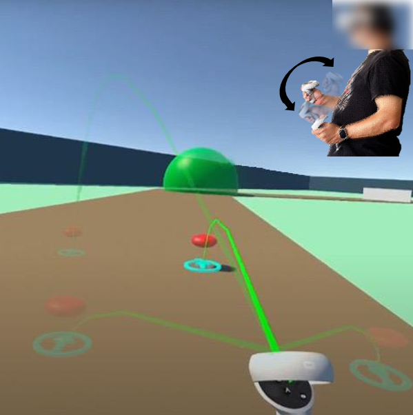 The image demonstrates the Point and Teleport locomotion technique. There is a view of the user with the controller and the visuals conveyed in the Head Mounted Display. The visuals show the controller pointing to the pretended area the user wants to be teleported to and a visual representation of the objective on the back.