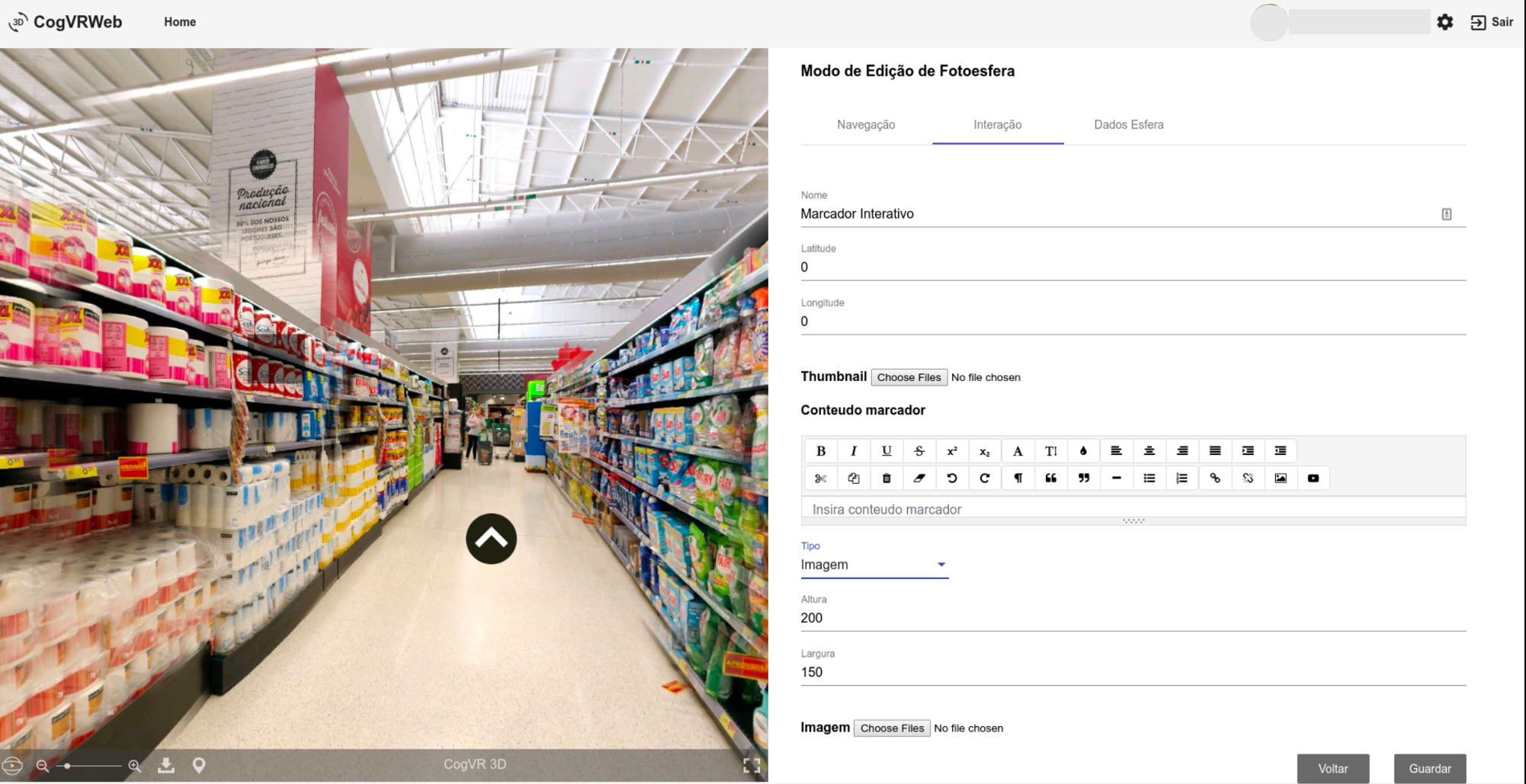 The myView editing web application showing a picture of a supermarket corridor and an editing form