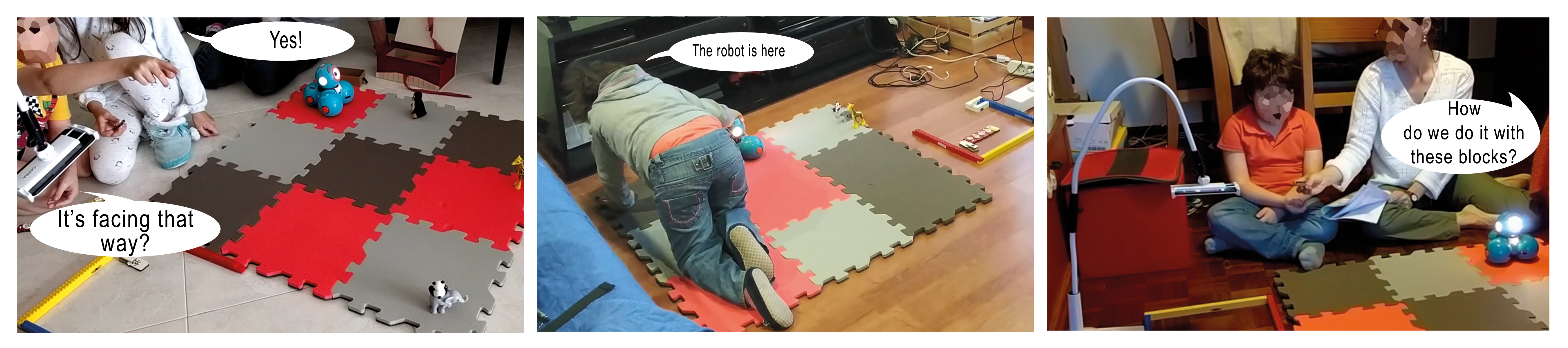 Three pictures demonstrating families' interaction with the system. Left: Two children are around the setup. The visually impaired child confirms with his sighted sibling to where the robot is facing. Middle: Child crawls on the map searching for the robot. Right: Parent and child facing the setup. Parent is asking questions to engage child in play.