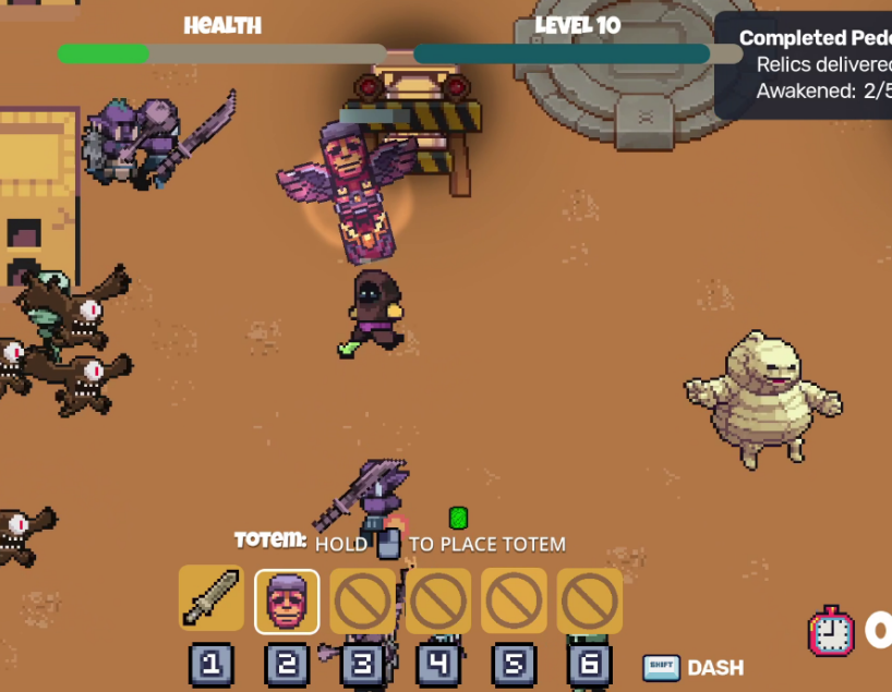 A screenshot of the game used in the paper. It shows the avatars of two players playing in a desert world, with hordes of enemies approaching.